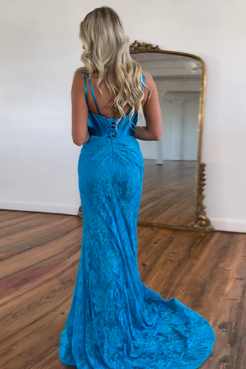 Blue Mermaid Corset Lace Long Formal Dress with Slit