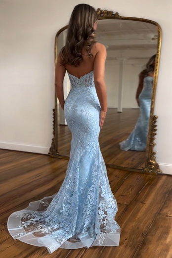 Sparkly Light Blue Lace Mermaid Corset Long Formal Dress