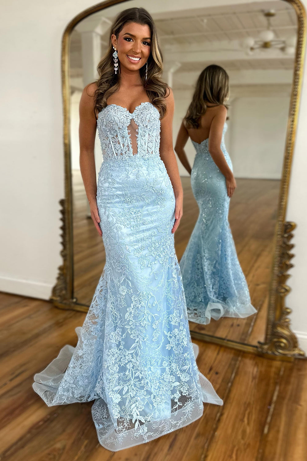 Sparkly Light Blue Lace Mermaid Corset Long Formal Dress