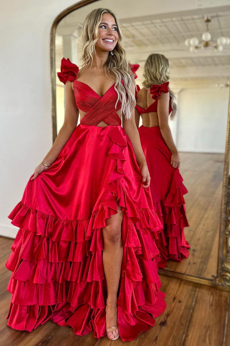 Load image into Gallery viewer, Red A-Line V-Neck Ruffled Long Formal Dress with Slit