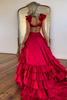 Load image into Gallery viewer, Red A-Line V-Neck Ruffled Long Formal Dress with Slit