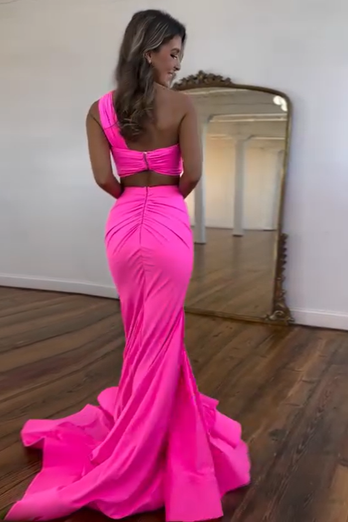 Hot Pink Cutout Mermaid Long Satin Formal Dress with Ruffles