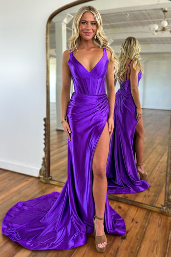 Purple Mermaid Corset V-Neck Long Formal Dress with Slit