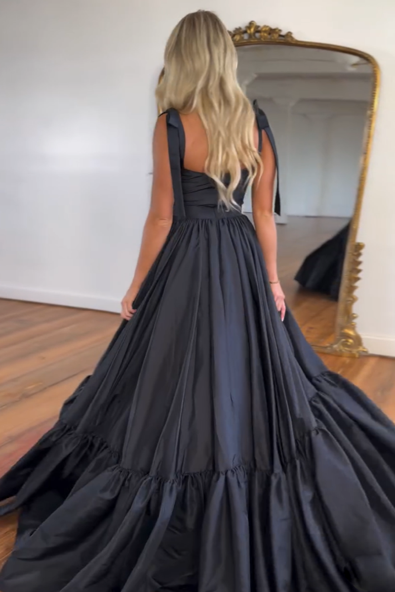 Load image into Gallery viewer, Black A-Line Tiered Long Formal Dress with Ruffles