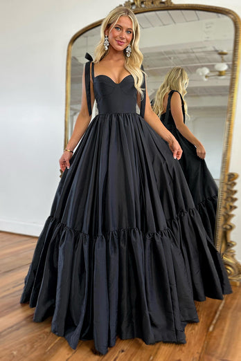 Black A-Line Tiered Long Formal Dress with Ruffles