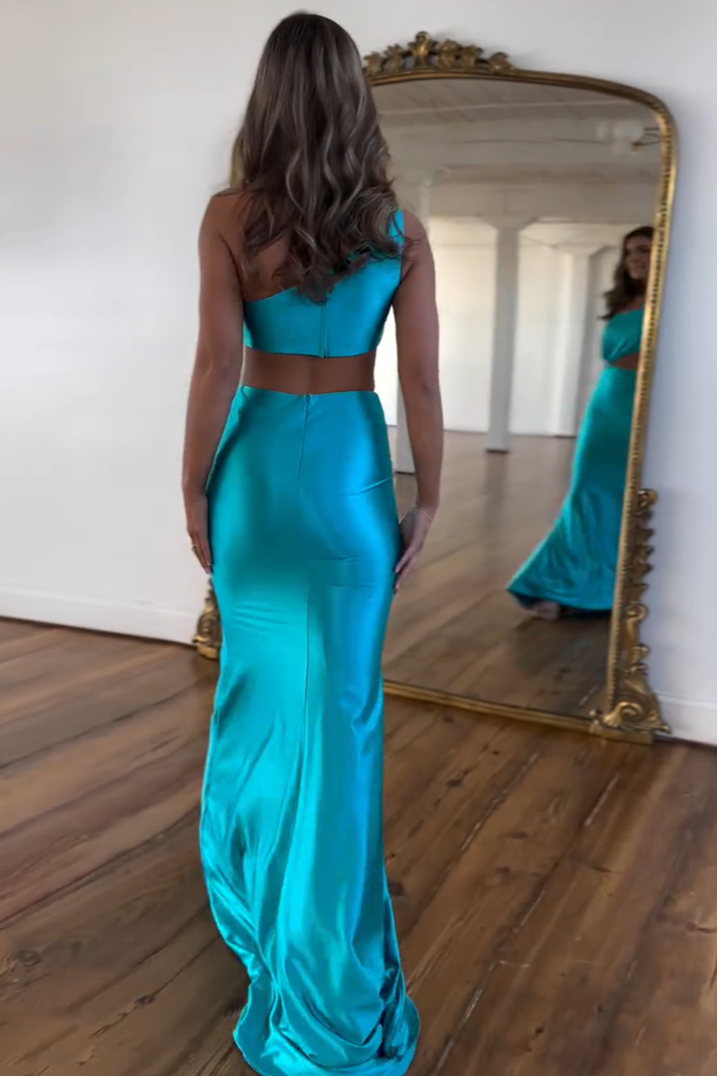 Load image into Gallery viewer, Sparkly Turquoise One Shoulder Cutout Long Satin Formal Dress