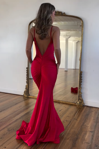 Red Mermaid Backless Spaghetti Straps Long Satin Formal Dress