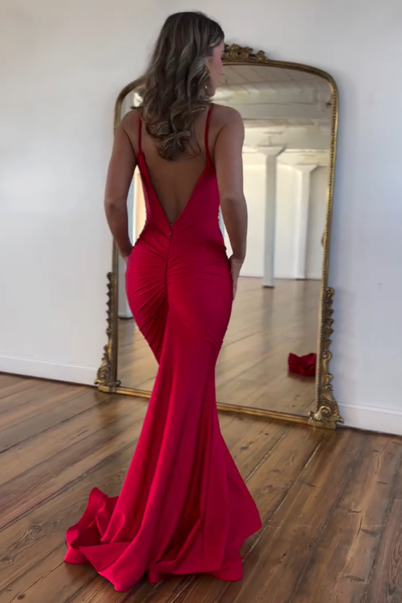 Load image into Gallery viewer, Red Mermaid Backless Spaghetti Straps Long Satin Formal Dress