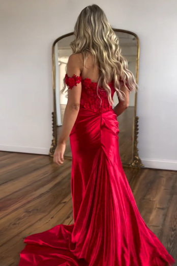 Red Mermaid Corset Appliqued Long Formal Dress with Slit