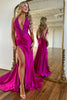 Load image into Gallery viewer, Sparkly Fuchsia Mermaid Corset Long Satin Formal Dress with Slit