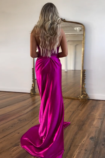 Sparkly Fuchsia Mermaid Corset Long Satin Formal Dress with Slit