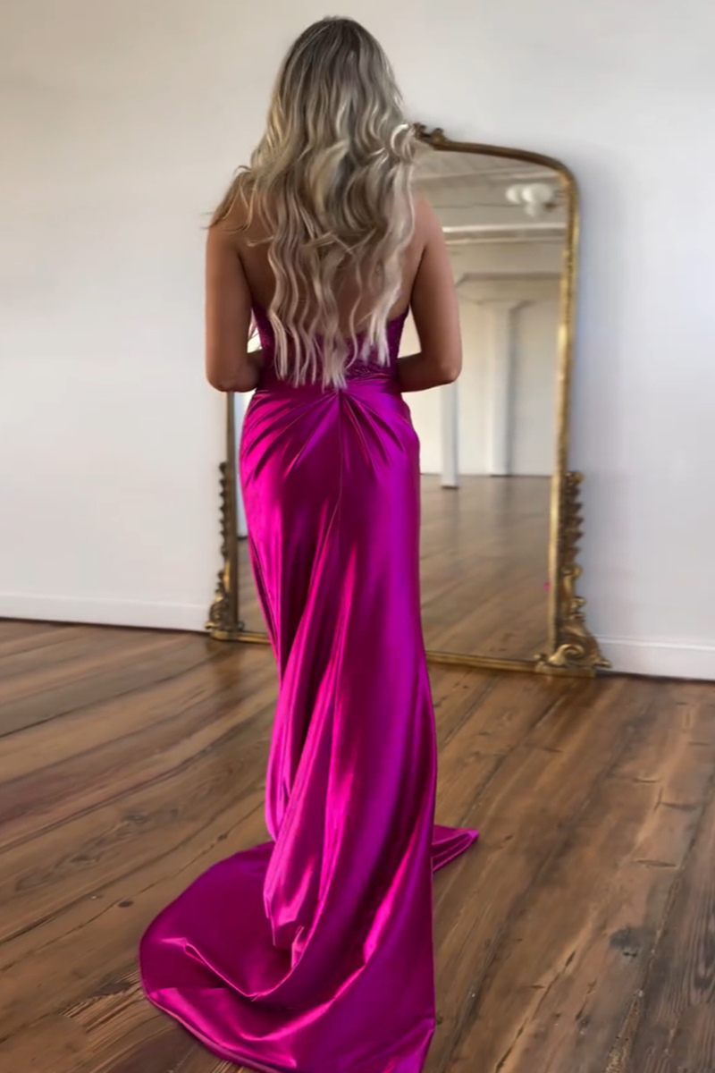 Load image into Gallery viewer, Sparkly Fuchsia Mermaid Corset Long Satin Formal Dress with Slit