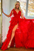 Load image into Gallery viewer, Red A-Line Ruffled Tiered Long Formal Dress with Slit