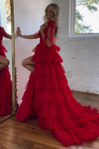 Red A-Line Ruffled Tiered Long Formal Dress with Slit