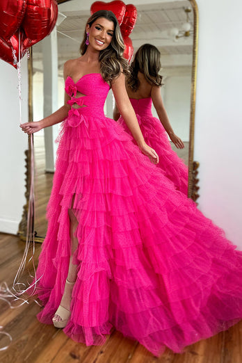 Fuchsia A-Line Sweetheart Tiered Long Formal Dress with Slit