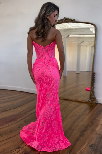 Sparkly Hot Pink Mermaid Strapless Long Lace Formal Dress with Slit