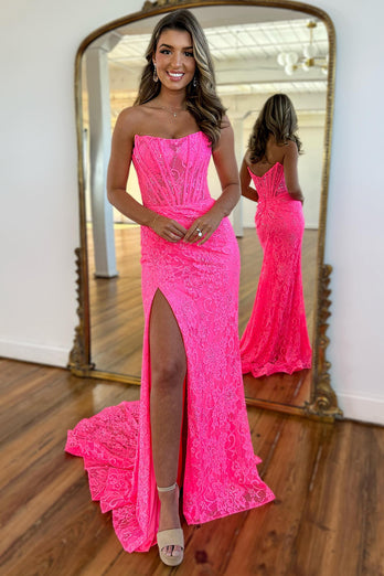 Sparkly Hot Pink Mermaid Strapless Long Lace Formal Dress with Slit