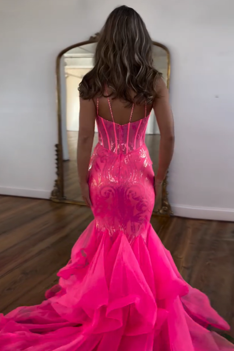 Load image into Gallery viewer, Sparkly Fuchsia Mermaid Corset V-Neck Long Formal Dress