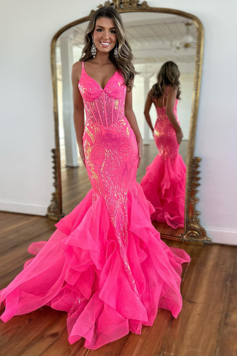 Load image into Gallery viewer, Sparkly Fuchsia Mermaid Corset V-Neck Long Formal Dress