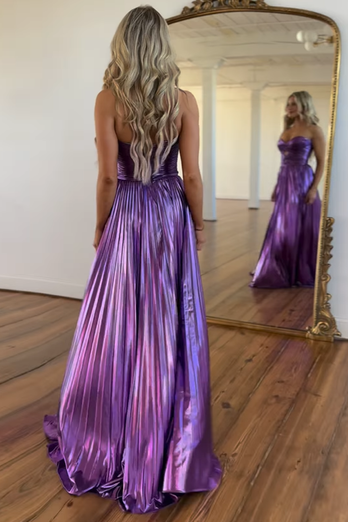 Purple Metallic A-Line Strapless Pleated Long Formal Dress with Slit