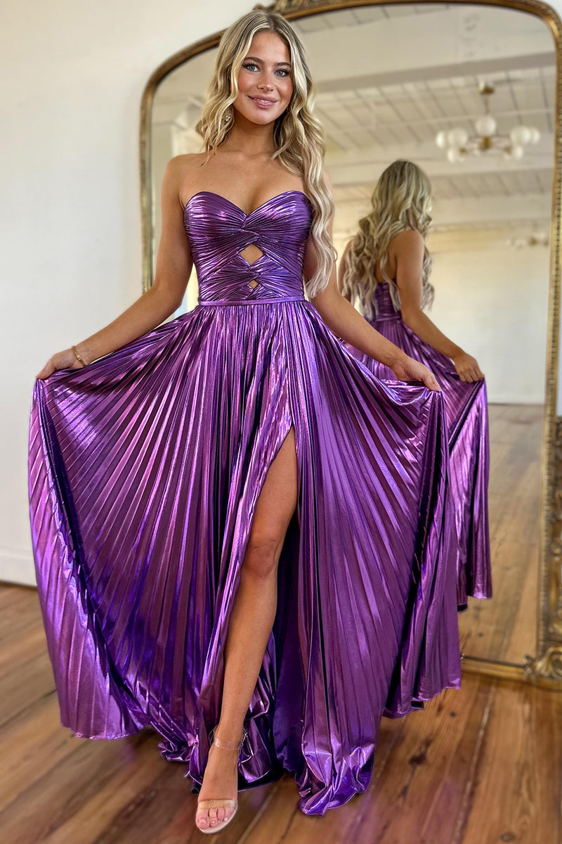 Load image into Gallery viewer, Purple Metallic A-Line Strapless Pleated Long Formal Dress with Slit