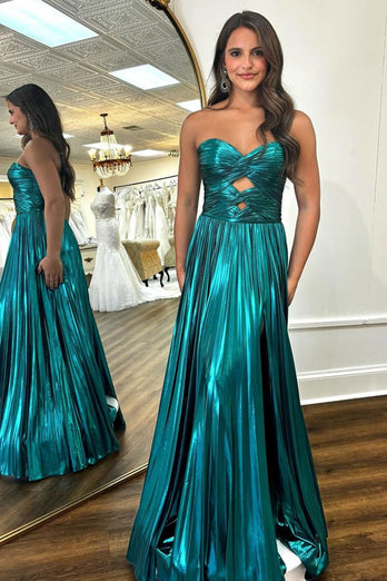 Purple Metallic A-Line Strapless Pleated Long Formal Dress with Slit