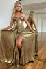 Load image into Gallery viewer, Sparkly Gold Metallic A-Line Pleated Long Formal Dress with Slit