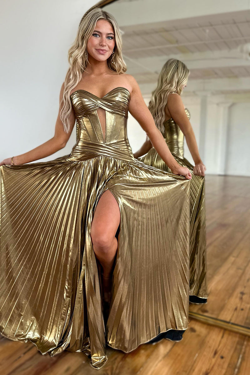 Load image into Gallery viewer, Sparkly Gold Metallic A-Line Pleated Long Formal Dress with Slit