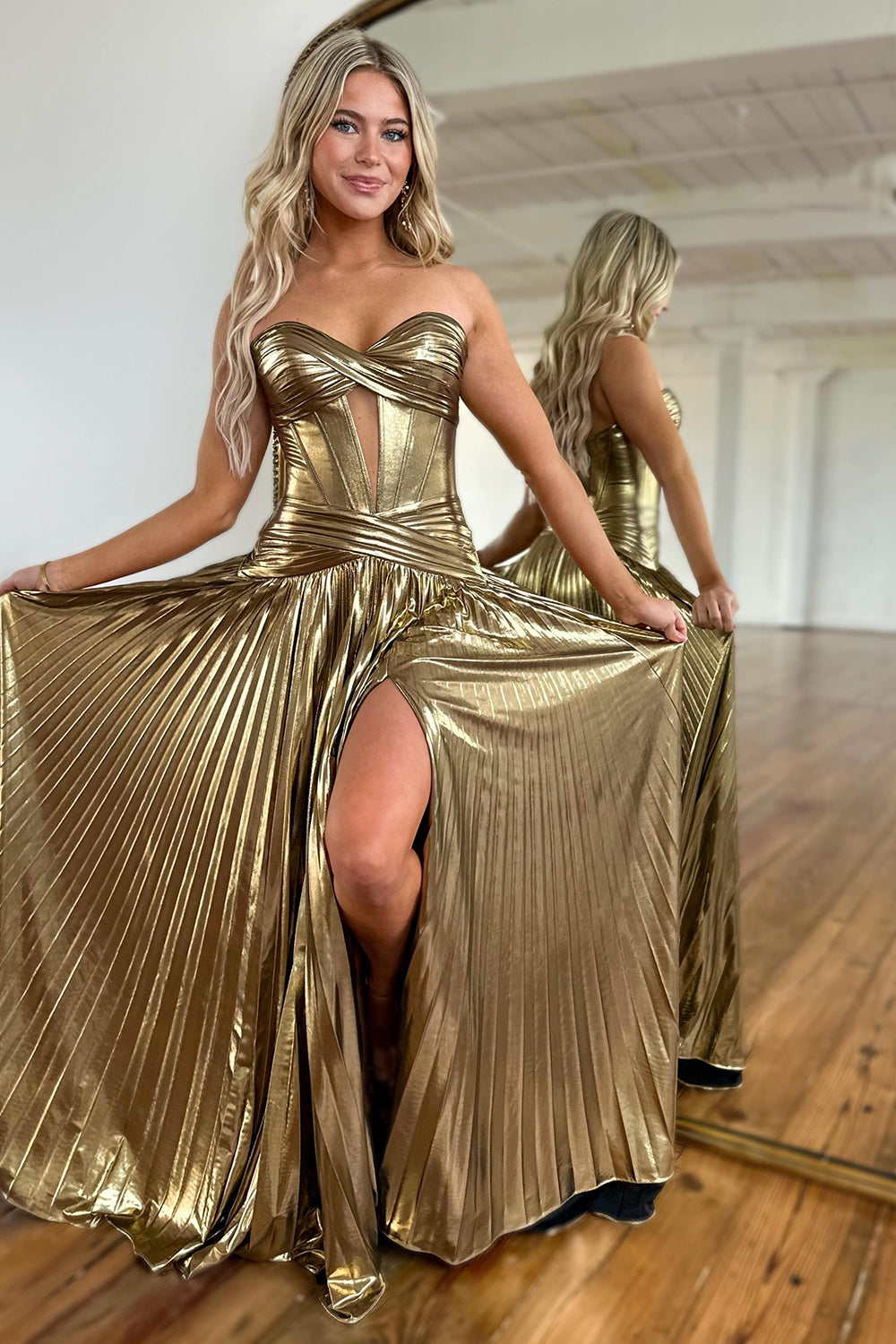 Sparkly Gold Metallic A-Line Pleated Long Formal Dress with Slit