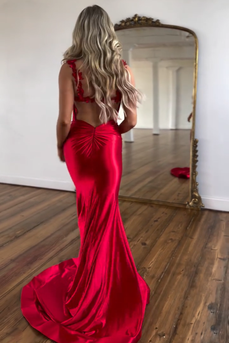 Red Mermaid Scoop Neck Open Back Long Formal Dress with Slit