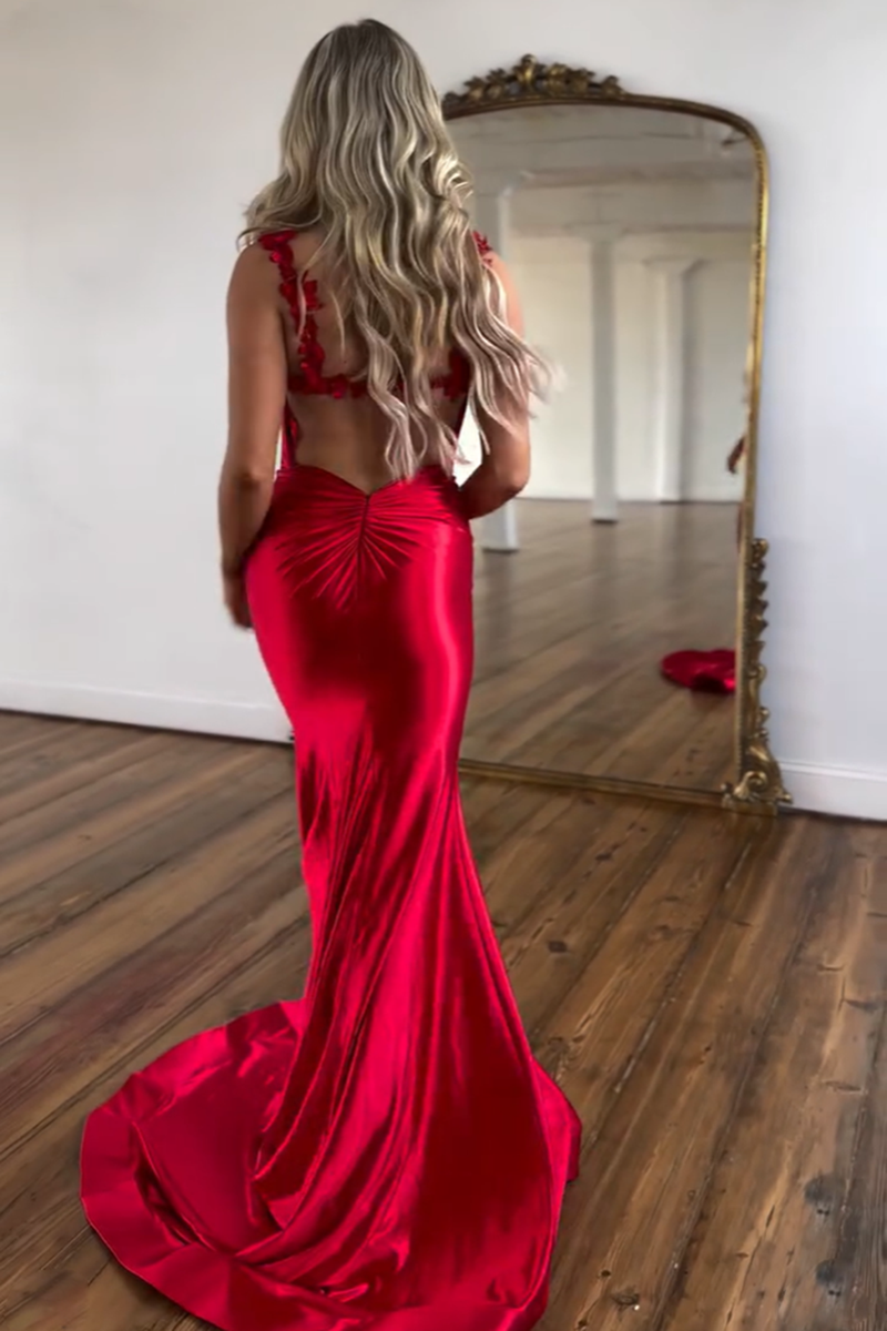 Load image into Gallery viewer, Red Mermaid Scoop Neck Open Back Long Formal Dress with Slit