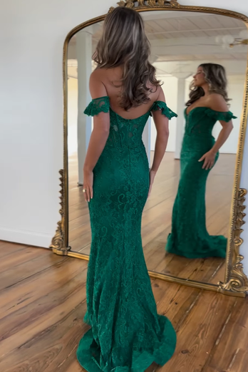 Sparkly Dark Green Mermaid Off the Shoulder Long Lace Formal Dress