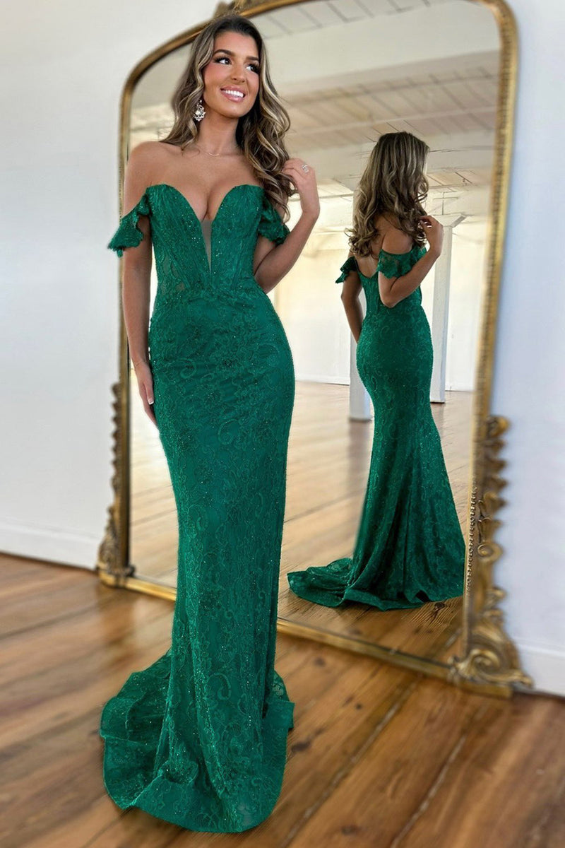 Load image into Gallery viewer, Sparkly Dark Green Mermaid Off the Shoulder Long Lace Formal Dress