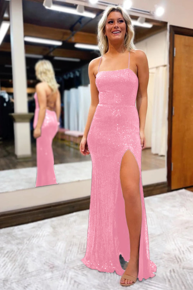 Load image into Gallery viewer, Sequins Spaghetti Straps Sheath Golden Formal Dress with Slit