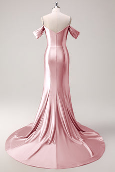 Sparkly Pink Off The Shoulder Long Satin Formal Dress