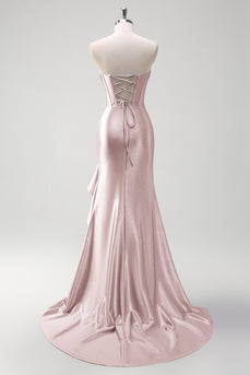 Sparkly Pink Corset Long Satin Formal Dress with Ruffles Slit