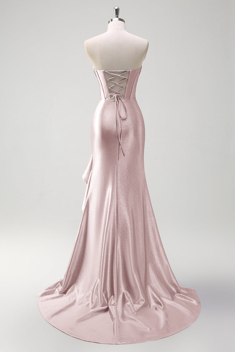 Load image into Gallery viewer, Sparkly Pink Corset Long Satin Formal Dress with Ruffles Slit