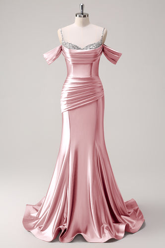 Sparkly Pink Off The Shoulder Long Satin Formal Dress