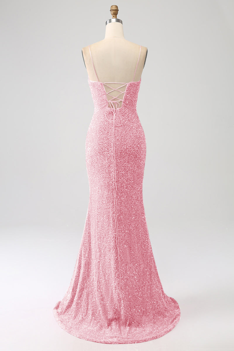 Load image into Gallery viewer, Fuchsia Mermaid Spaghetti Straps V-Neck Sequin Formal Dress With Split