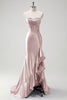 Load image into Gallery viewer, Sparkly Pink Corset Long Satin Formal Dress with Ruffles Slit