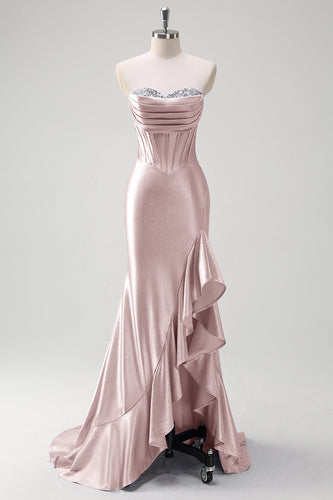 Sparkly Pink Corset Long Satin Formal Dress with Ruffles Slit