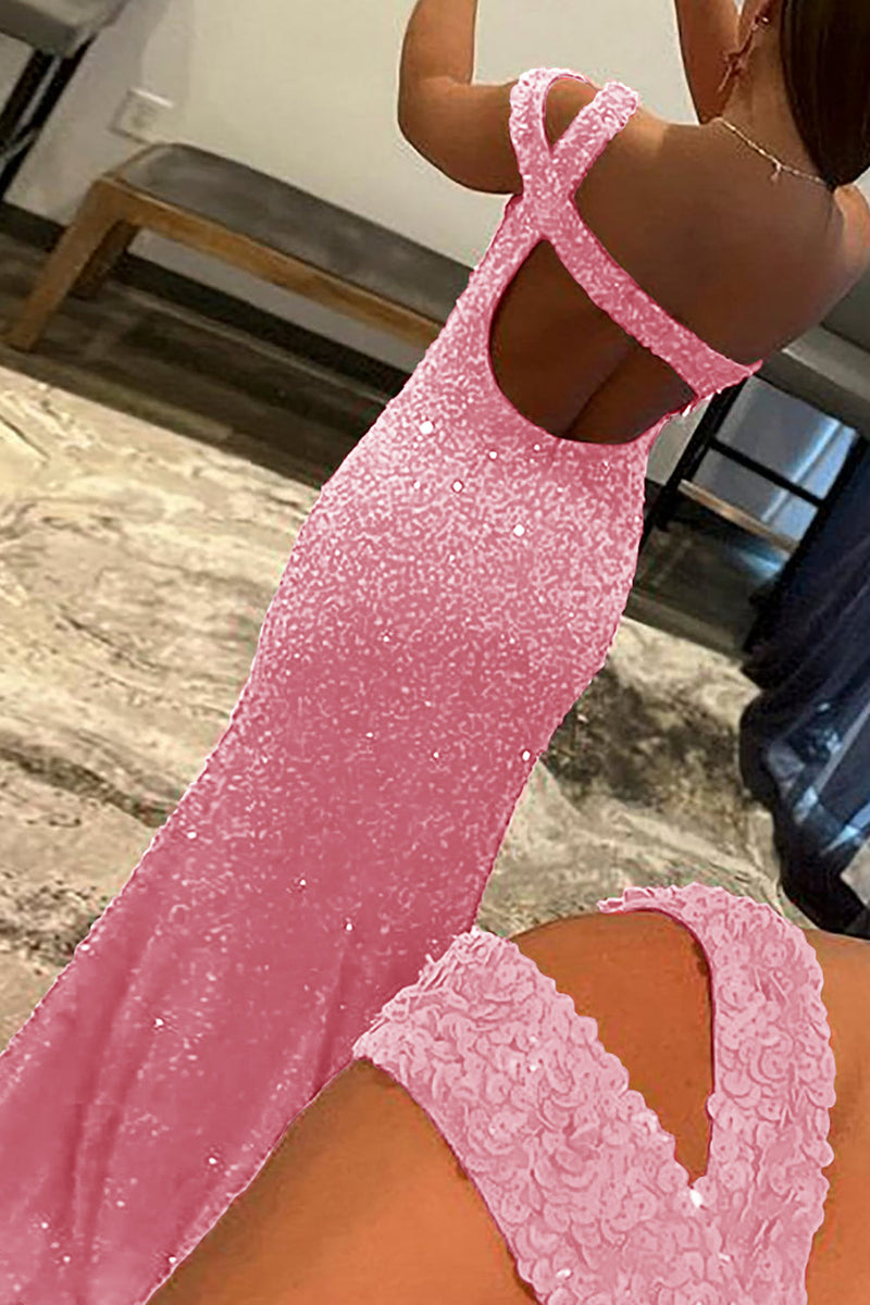 Load image into Gallery viewer, Fuchsia One Shoulder Sequins Formal Dress