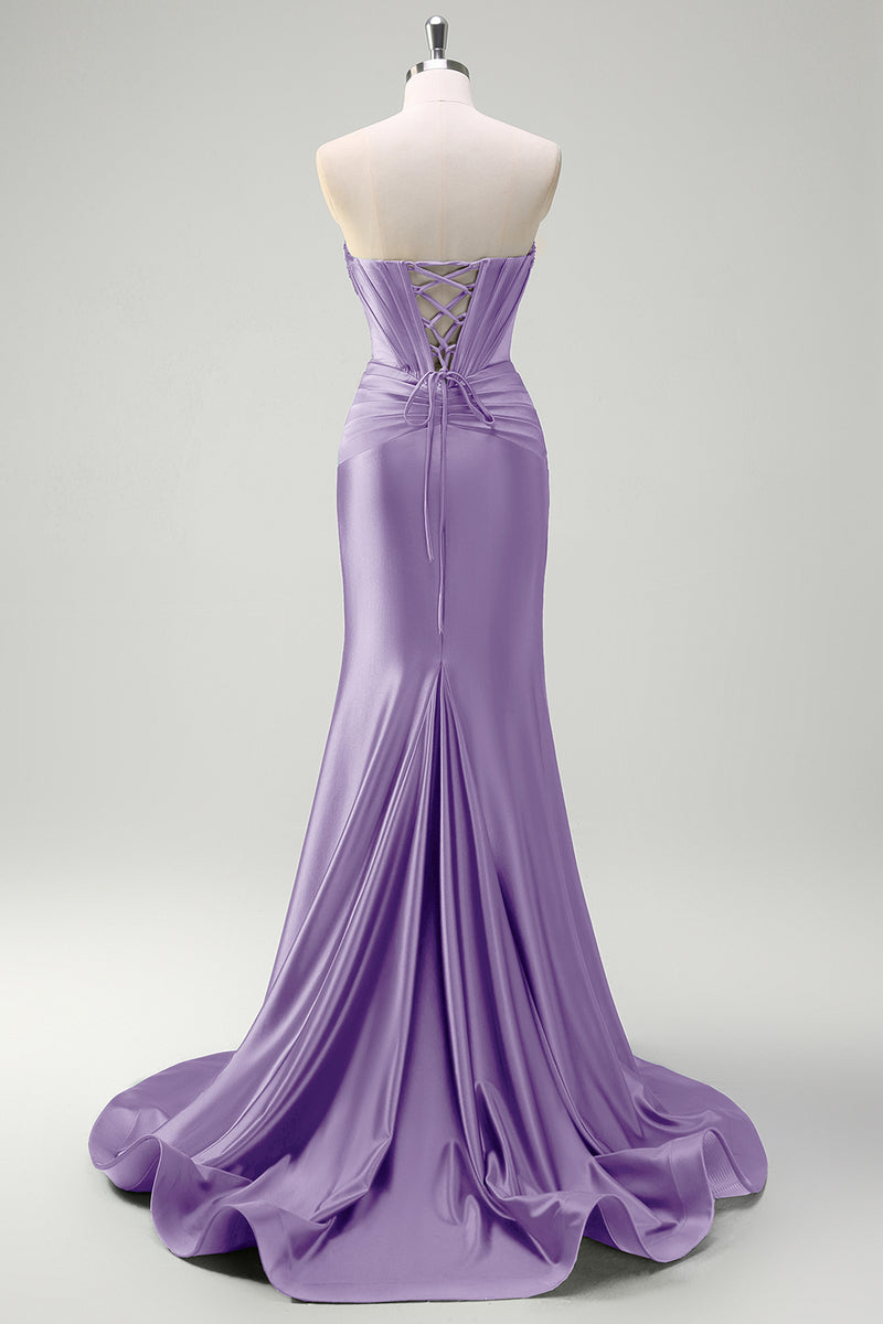 Load image into Gallery viewer, Sparkly Fuchsia Sweetheart Corset Long Satin Formal Dress with Slit