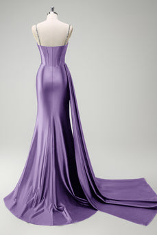 Sparkly Purple Mermaid Spaghetti Straps Corset Long Formal Dress with Slit