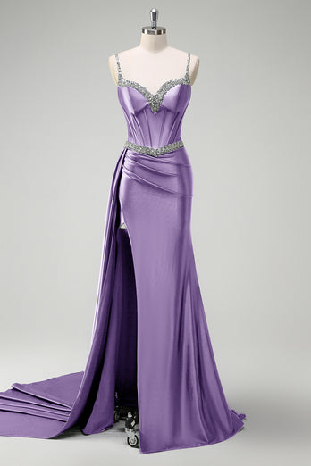 Sparkly Purple Mermaid Spaghetti Straps Corset Long Formal Dress with Slit