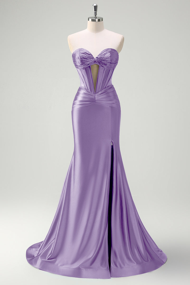 Load image into Gallery viewer, Sparkly Fuchsia Sweetheart Corset Long Satin Formal Dress with Slit