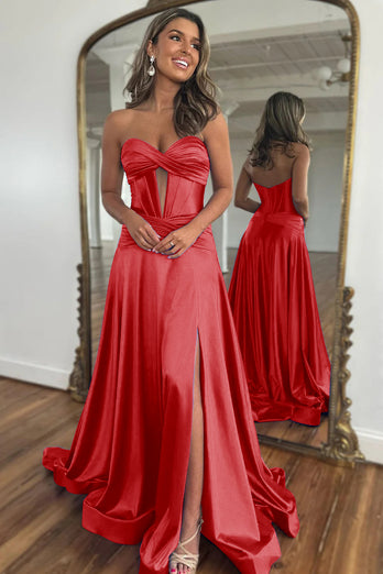 Fuchsia  A-Line Corset Satin Long Formal Dress with Slit