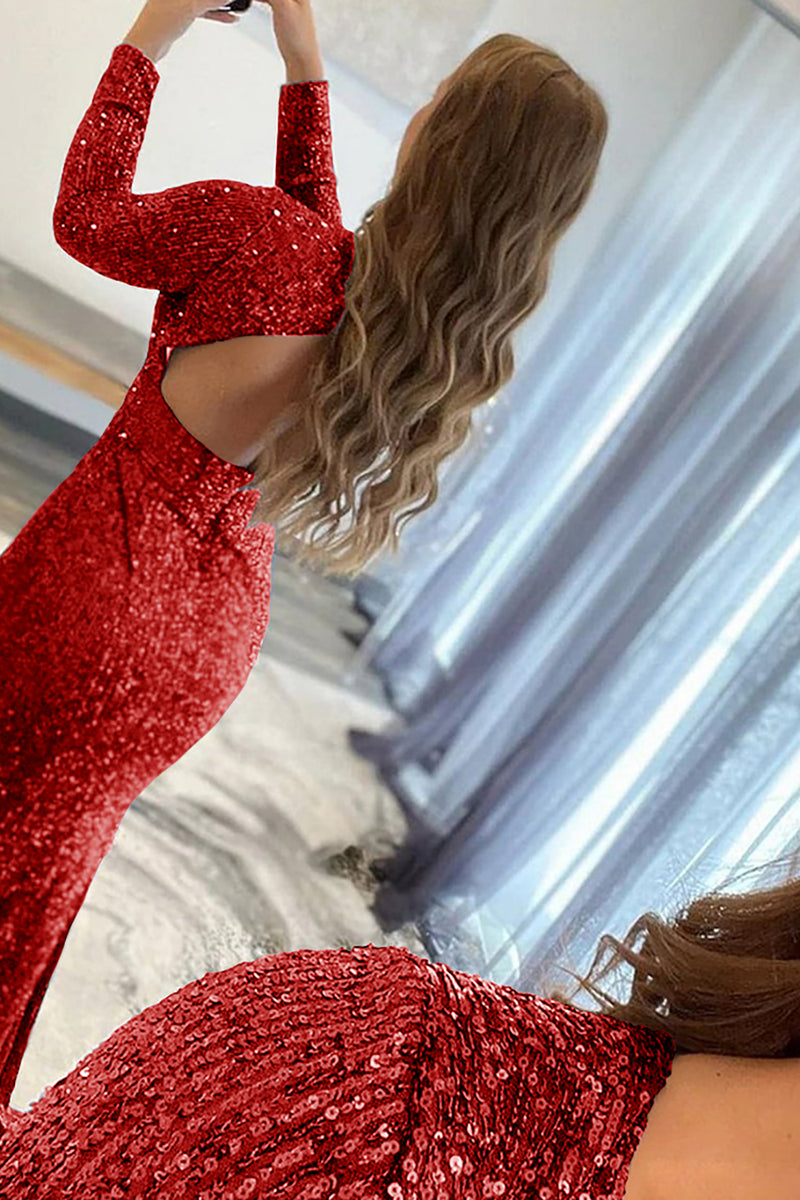 Load image into Gallery viewer, Mermaid Glitter Navy Sequins Mesh Evening Dress Backless Formal Dress