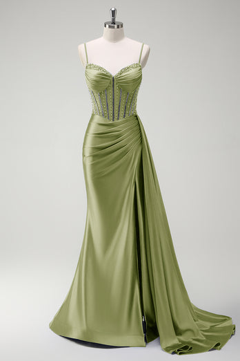 Sparkly Sage Mermaid Corset Beaded Long Formal Dress with Slit