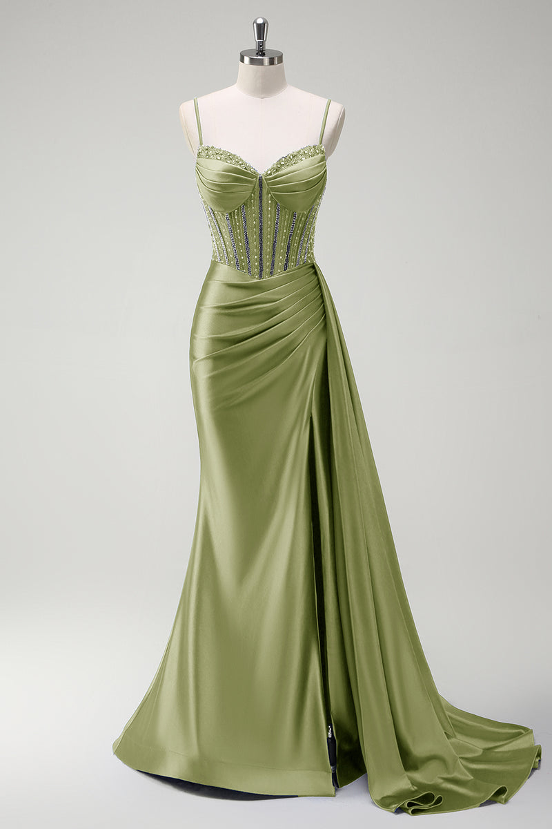 Load image into Gallery viewer, Sparkly Sage Mermaid Corset Beaded Long Formal Dress with Slit